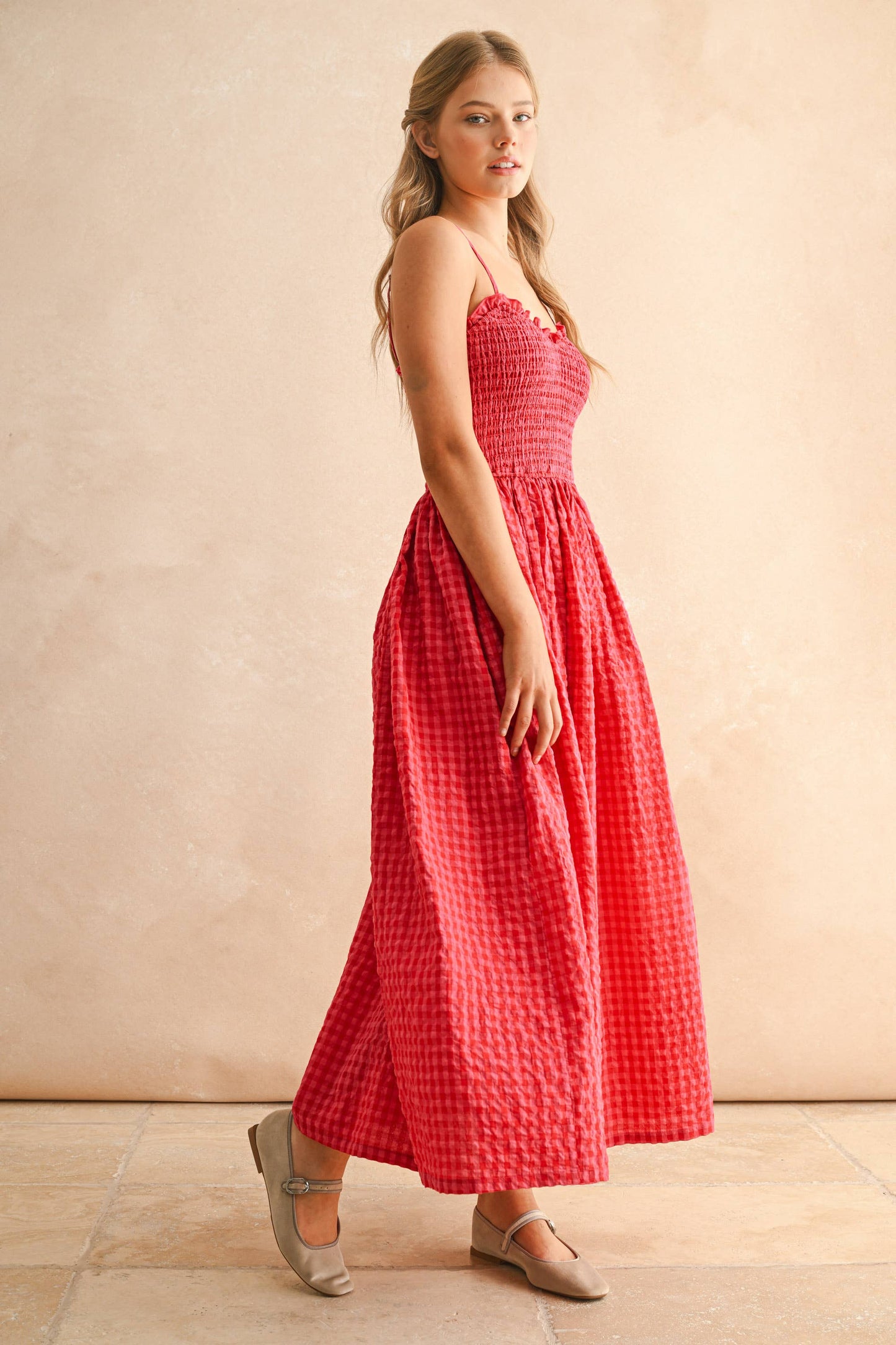 GINGHAM PRINT LONG DRESS: CHERRY