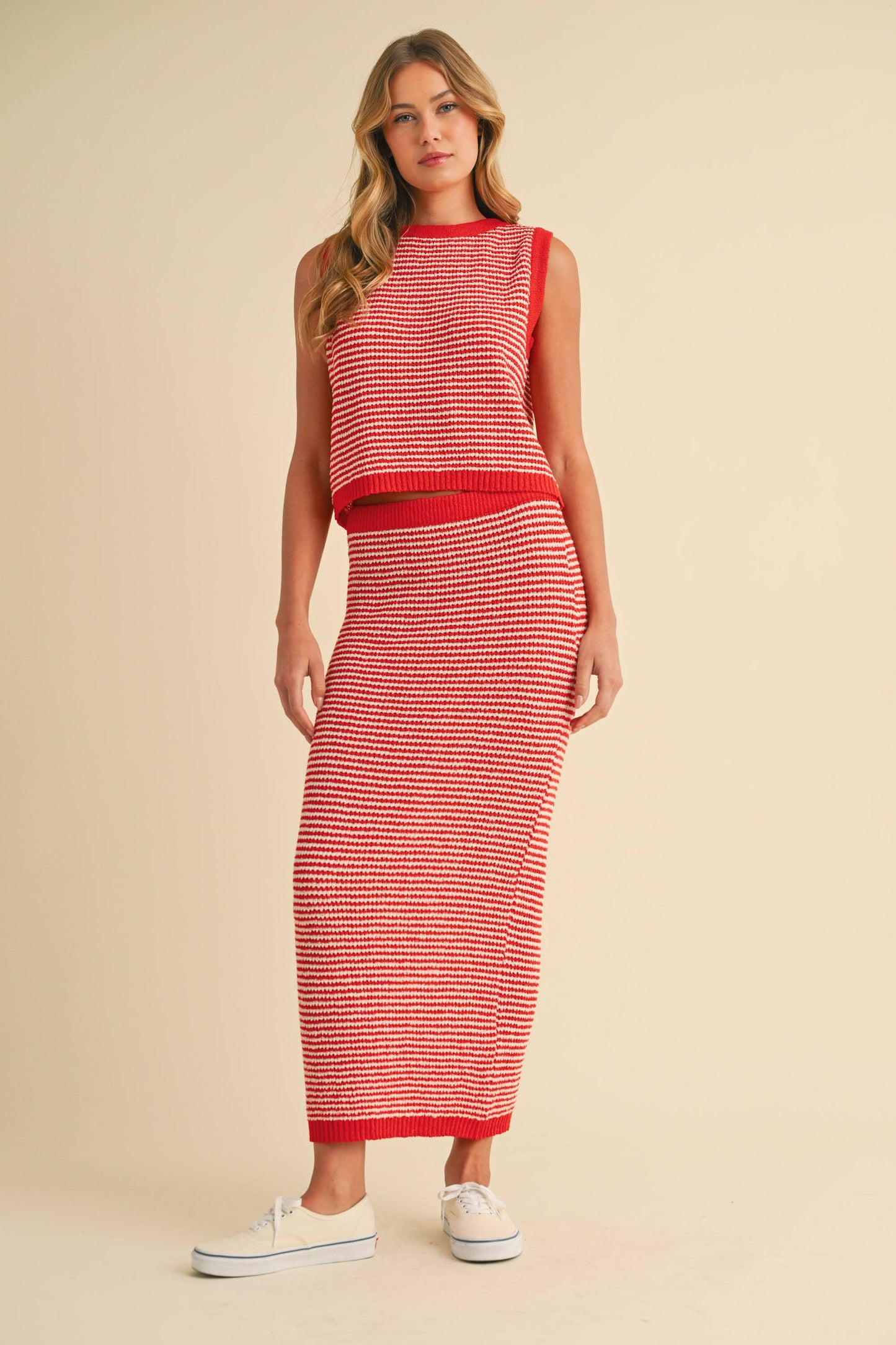 SWEATER SLEEVELESS TOP AND MAXI PENCIL SKIRT SET: TOMATO