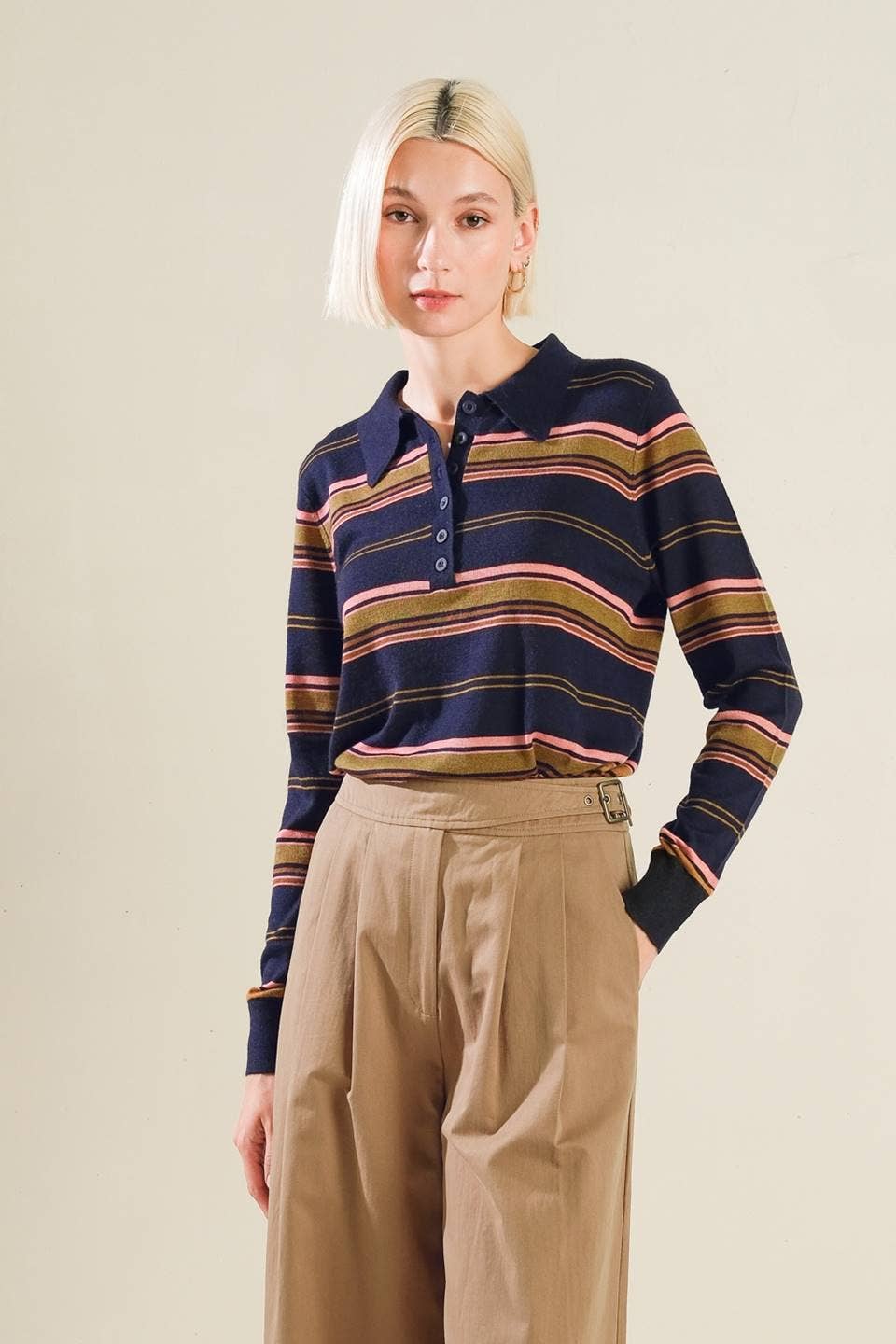 A striped sweater knit polo top: NAVY MULTI