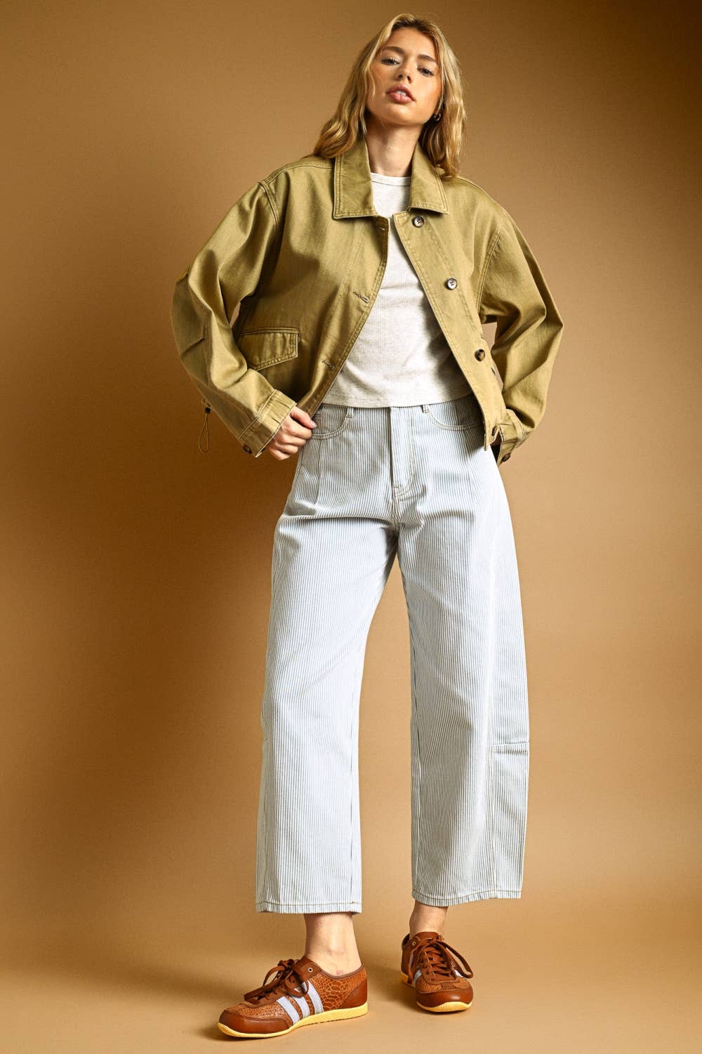 STRIPED COTTON BARREL PANTS: LT BLUE