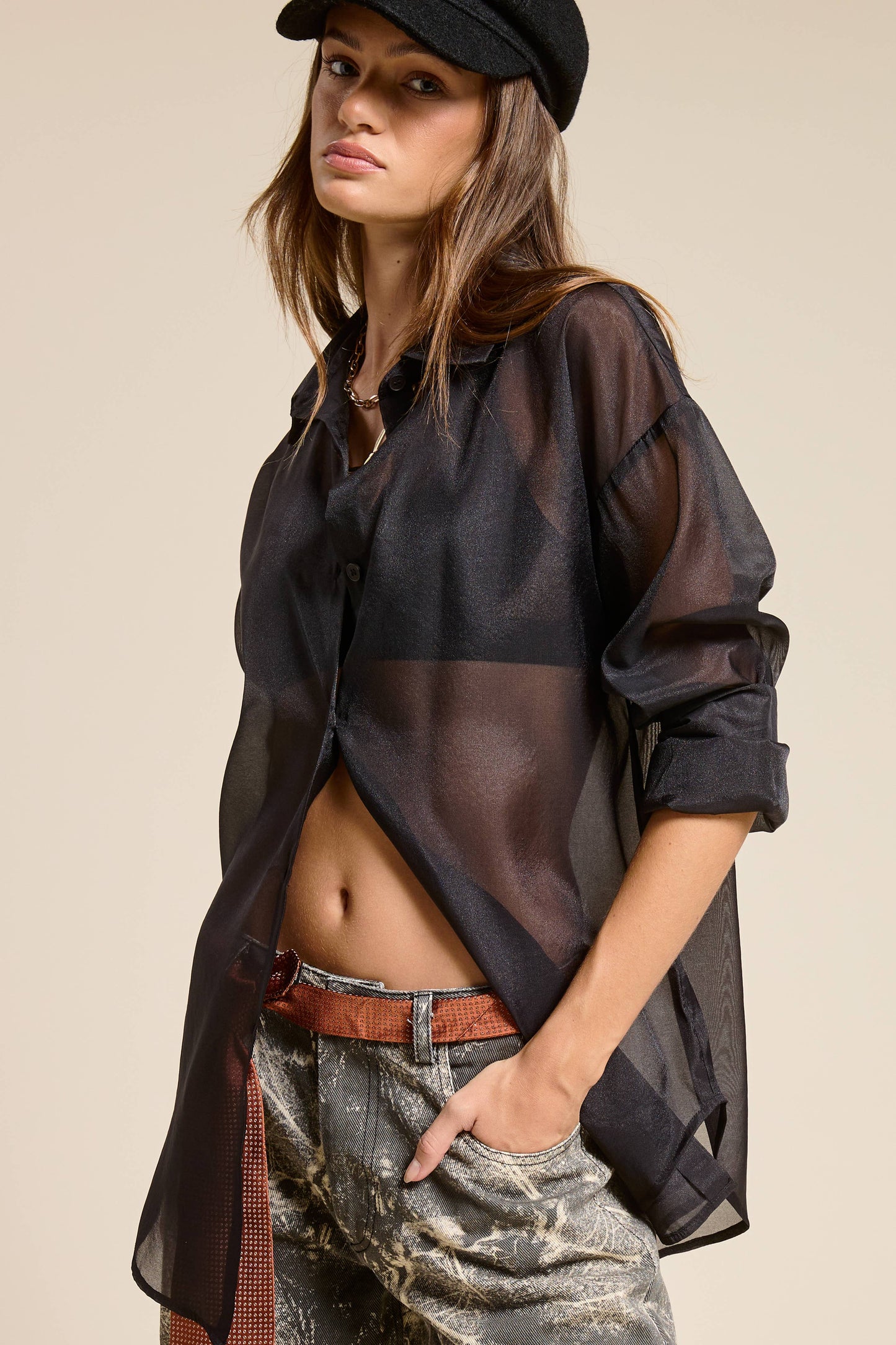 Oversized Sheer Organza Collared Button-Down Blouse: Black
