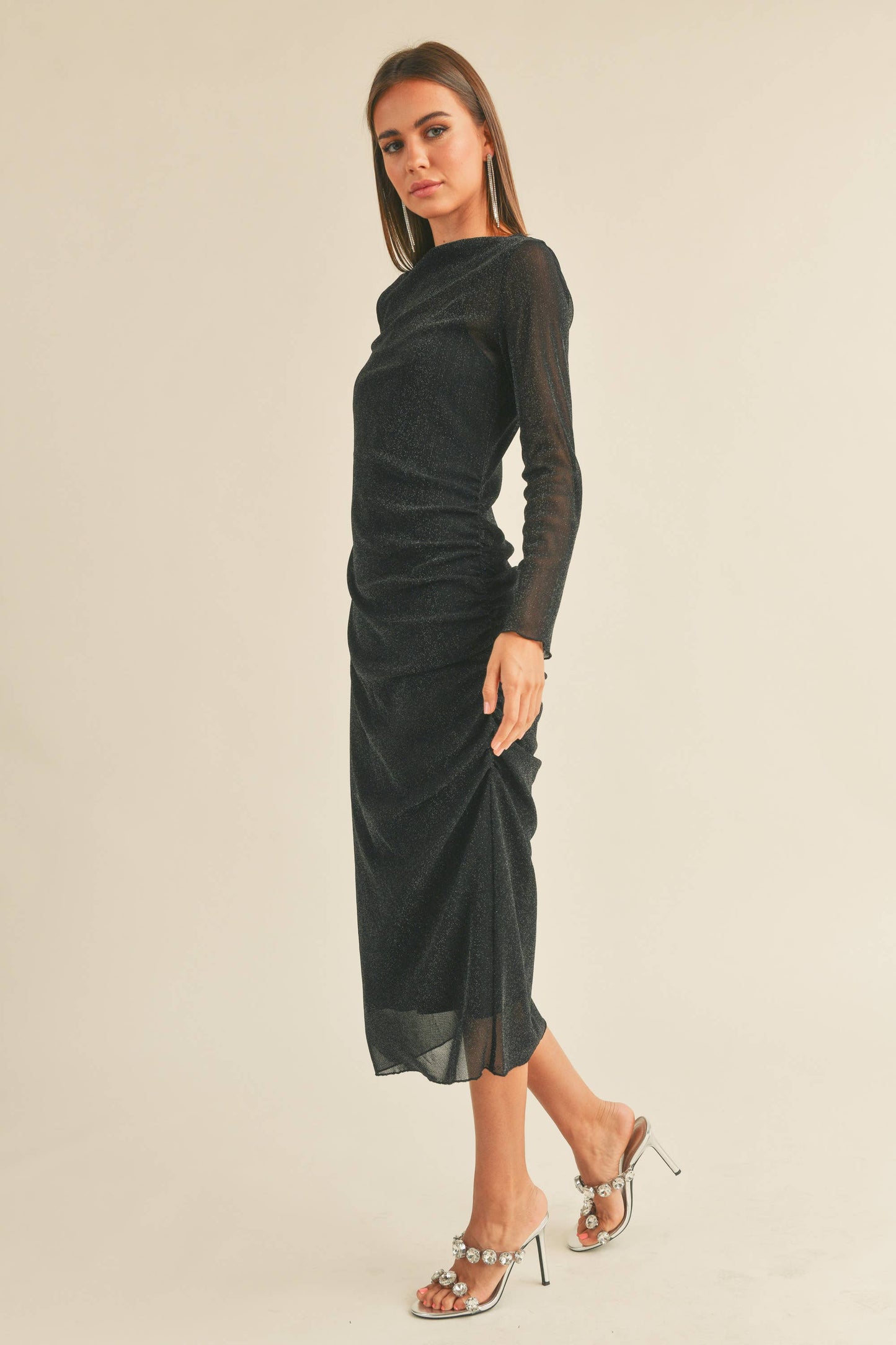 MESH DRAPED DRESS: ESPRESSO