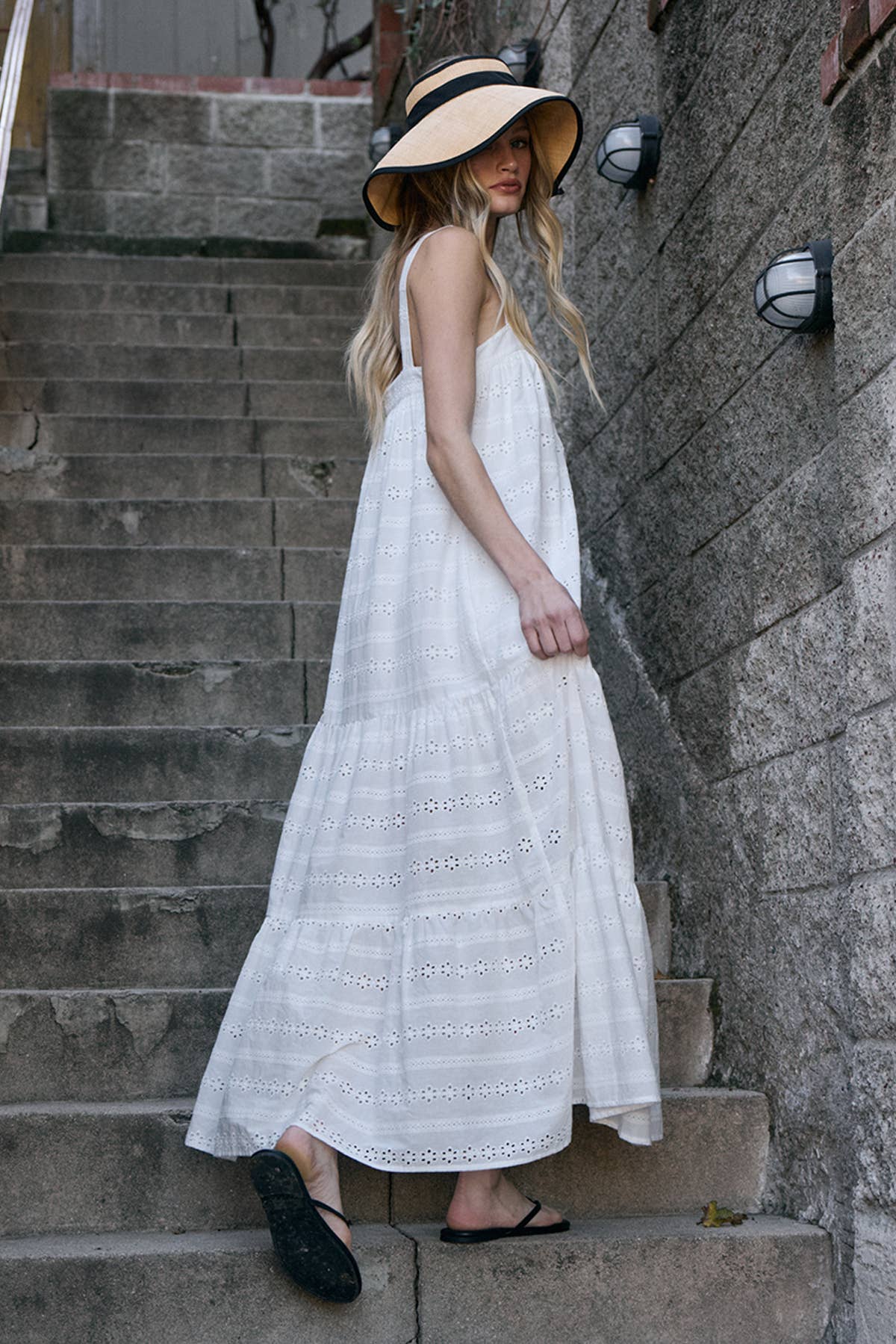 Eyelet Tiered Button Front Maxi Dress: WHITE