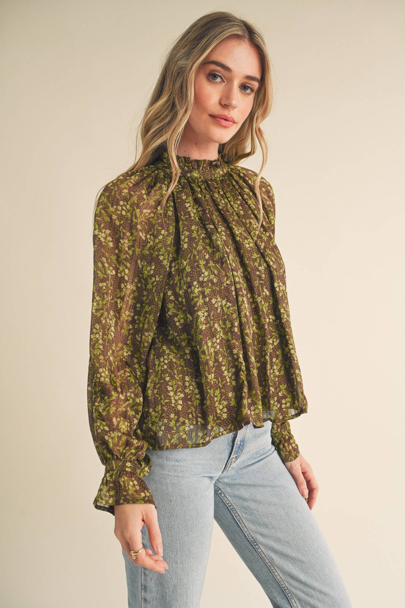 FLORAL LUREX BALLOON SLEEVE TOP: BROWN SAGE LIME
