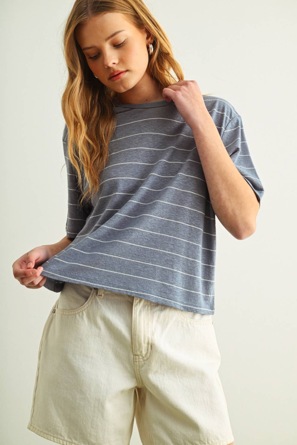 STRIPE COTTON LINEN TOP: BLUE/WHITE