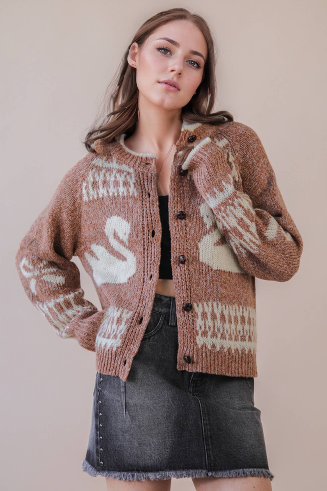 Swan Knit Sweater Cardigan: MOCHA