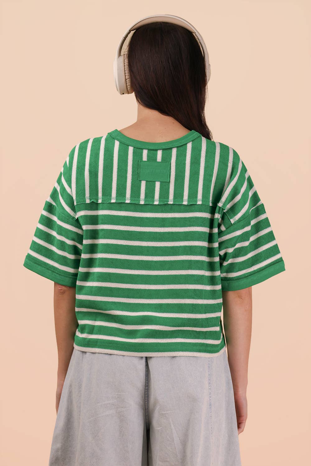 Oversized Stripe Terry Top: GREEN/OATMEAL