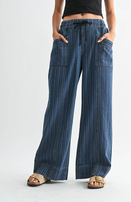 DENIM STRIPED RELAXED-FIT PANTS: DARK WASH