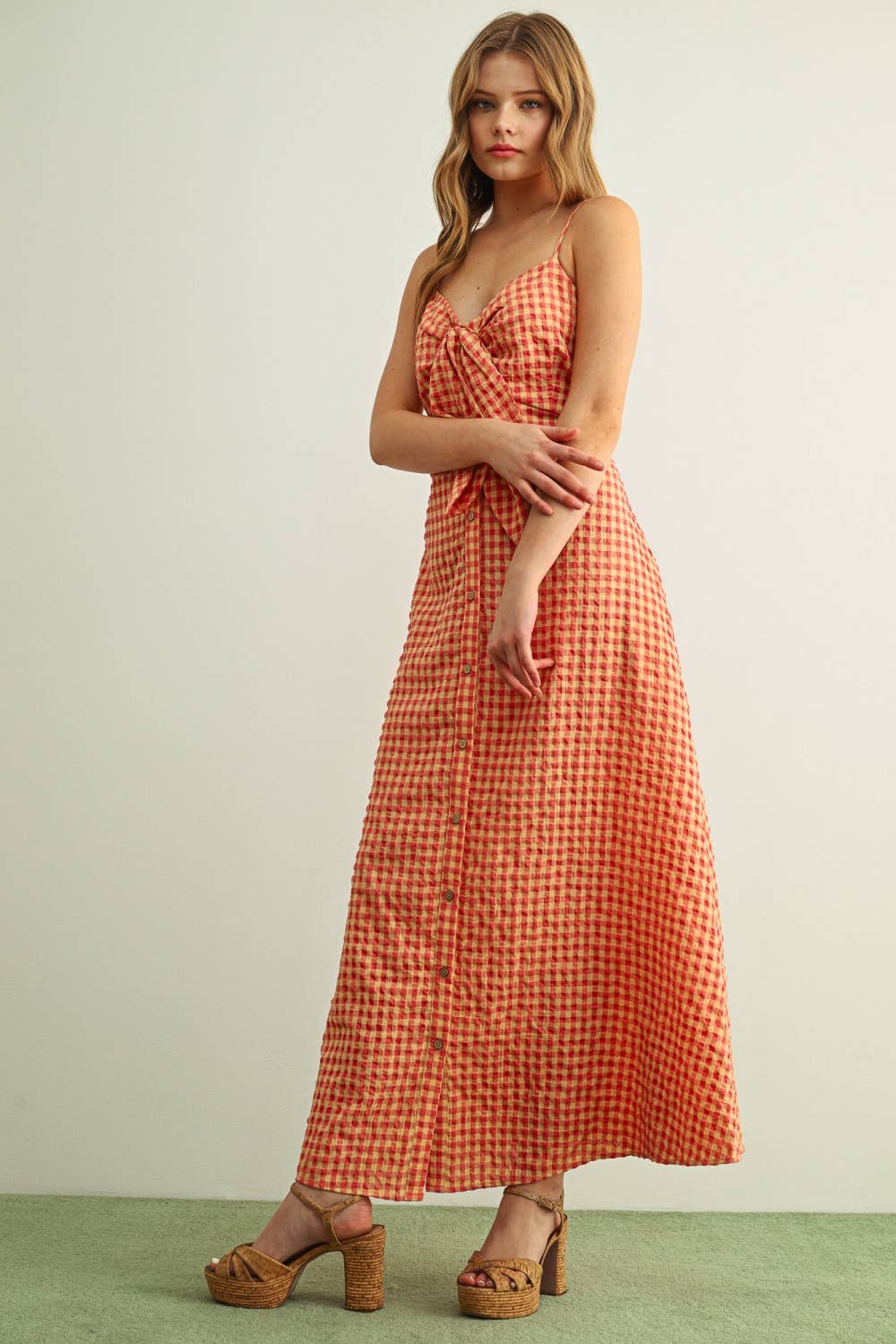 GINGHAM PATTERNED LONG DRESS: ROSE