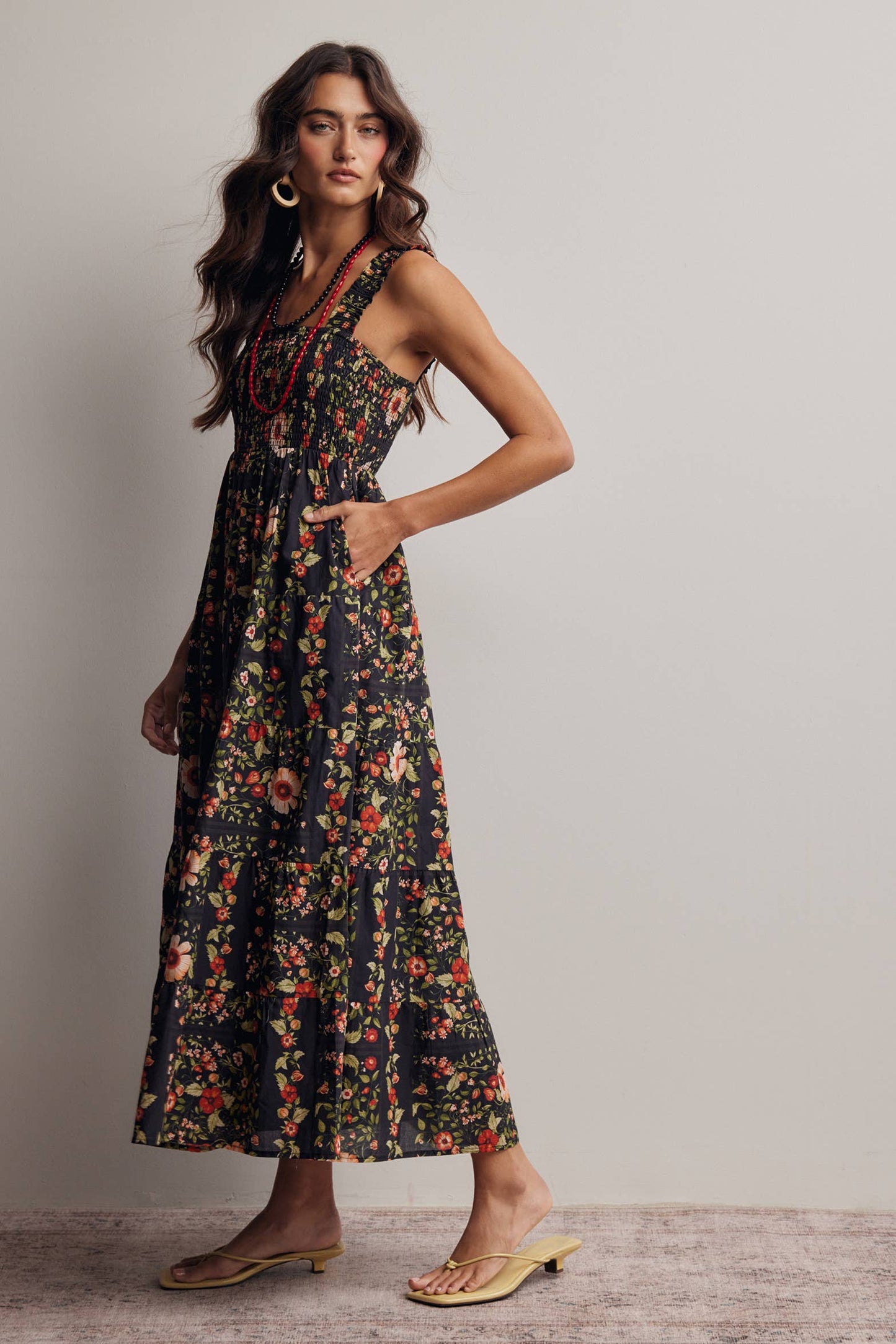 Floral Smocked Tiered Midi Dress: Black