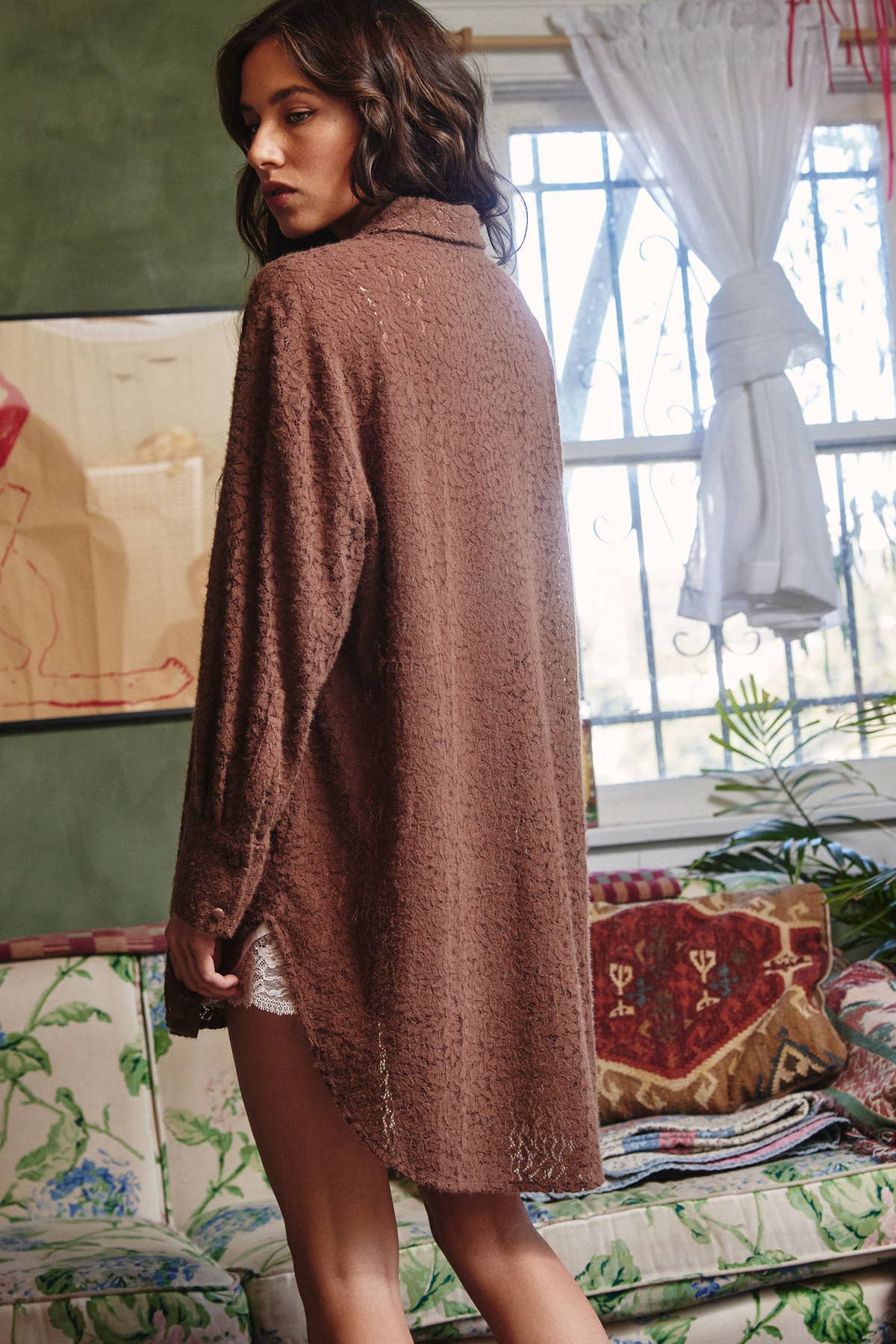 Button Down Brushed Lace Tunic Shirts: Mocha