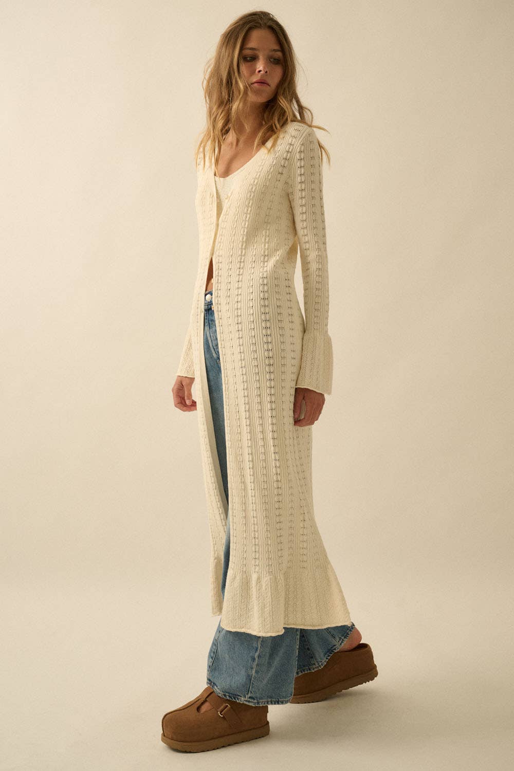 Pointelle Rib-Knit Trumpet-Sleeve Duster Cardigan: Cream