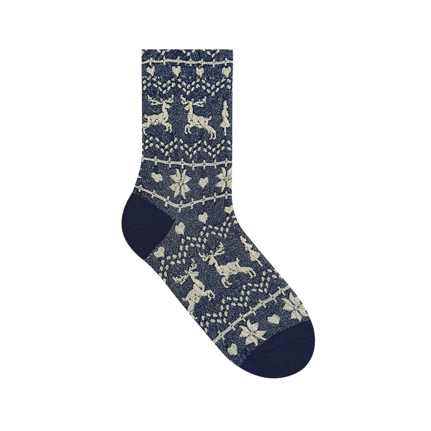 Women's Crew Winter Nordic Textured Snowy Deer Socks Navy