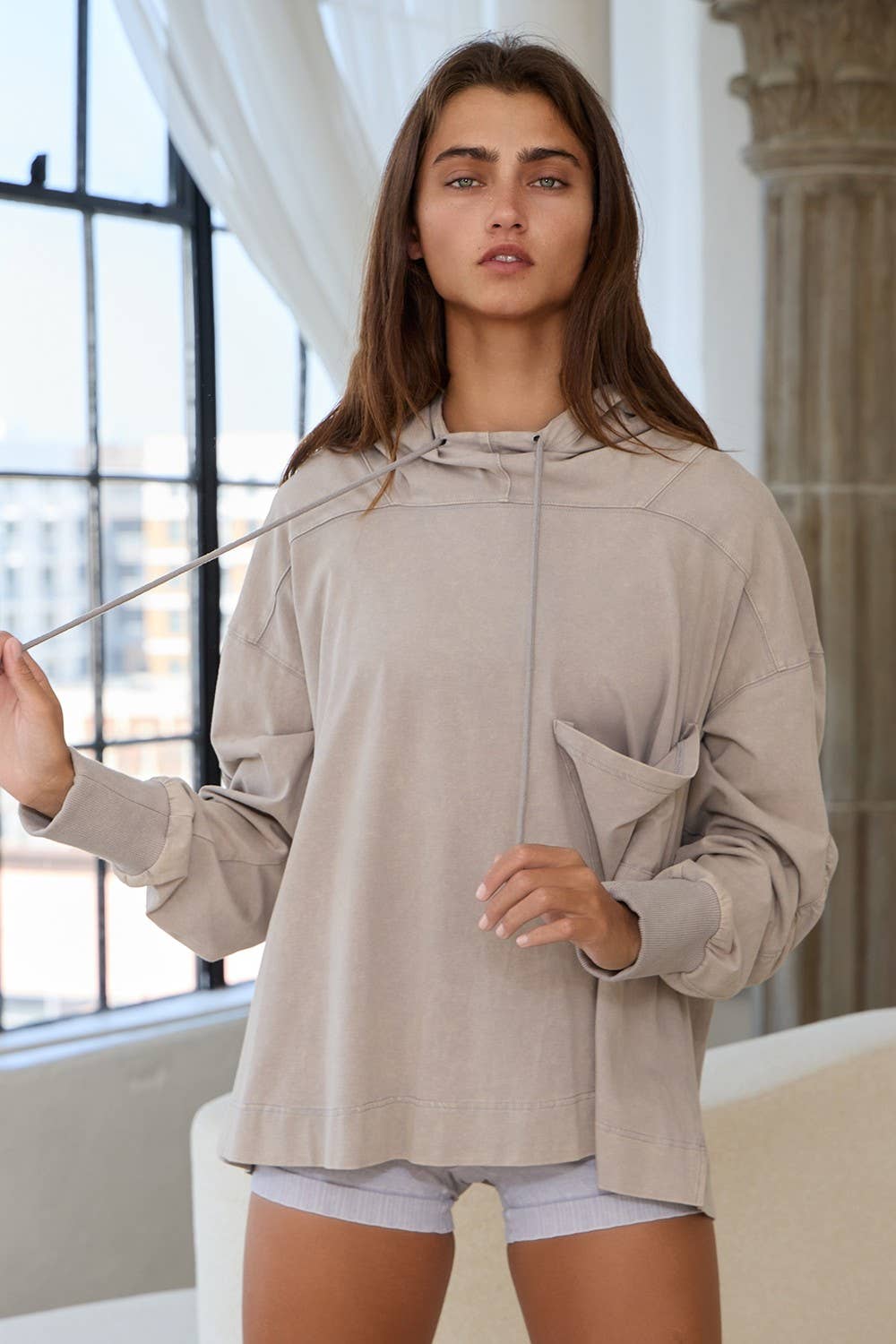 Drawstring High Neck Oversized Hoodie: Taupe grey