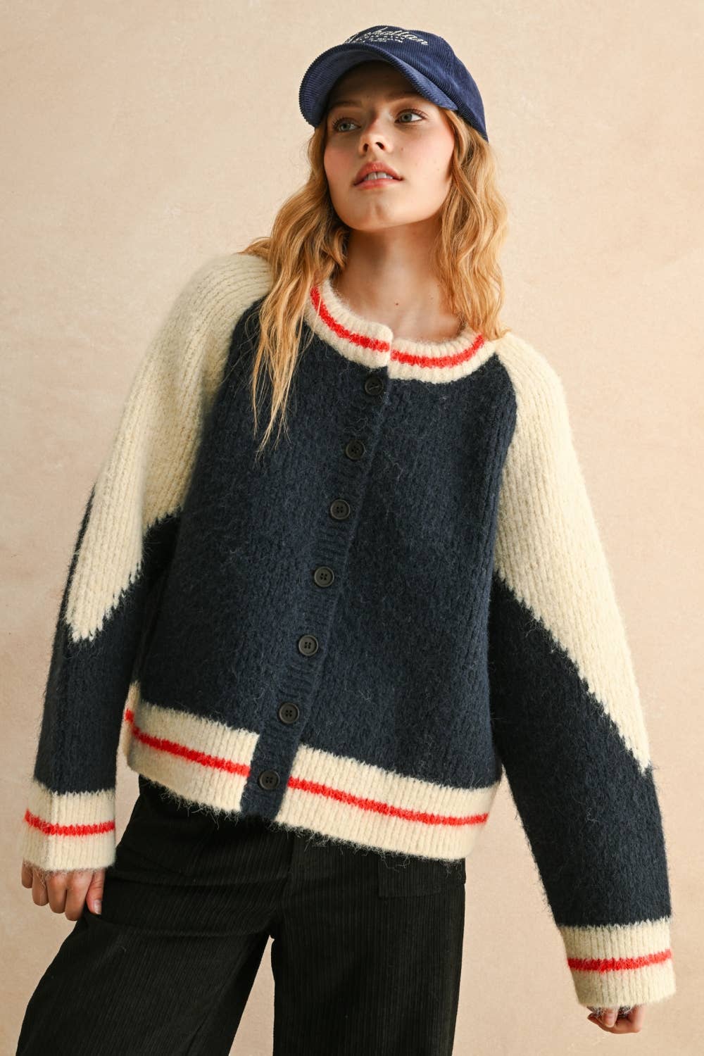 SWEATER BOMBER JACKET: NAVY/CREAM