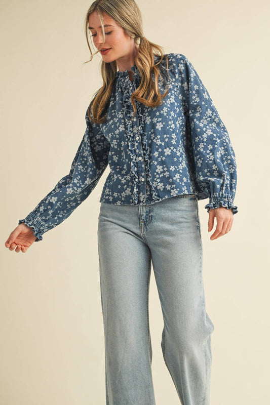 DENIM FLORAL RUFFLED BUTTON DOWN TOP: DENIM FLORAL