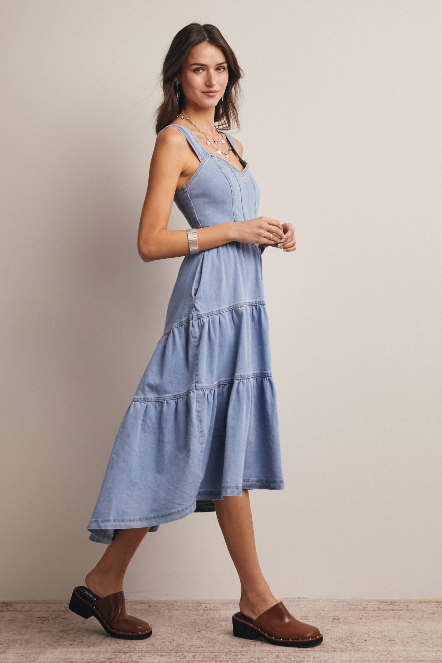 Tiered Denim Maxi Dress: Cloud Wash