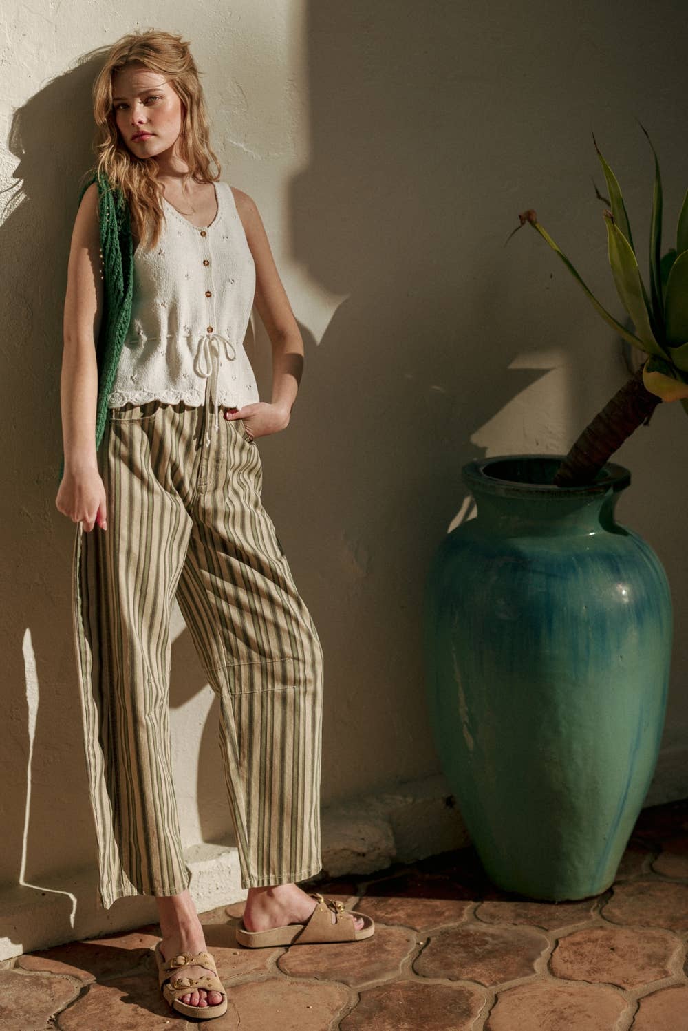 MULTI MIX STRIPE PRINTED BARREL PANTS: GREEN MULTI