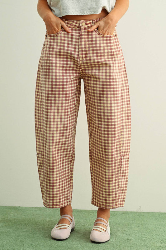 MINI CHECKER PATTERN BARREL PANTS: ROSEWOOD