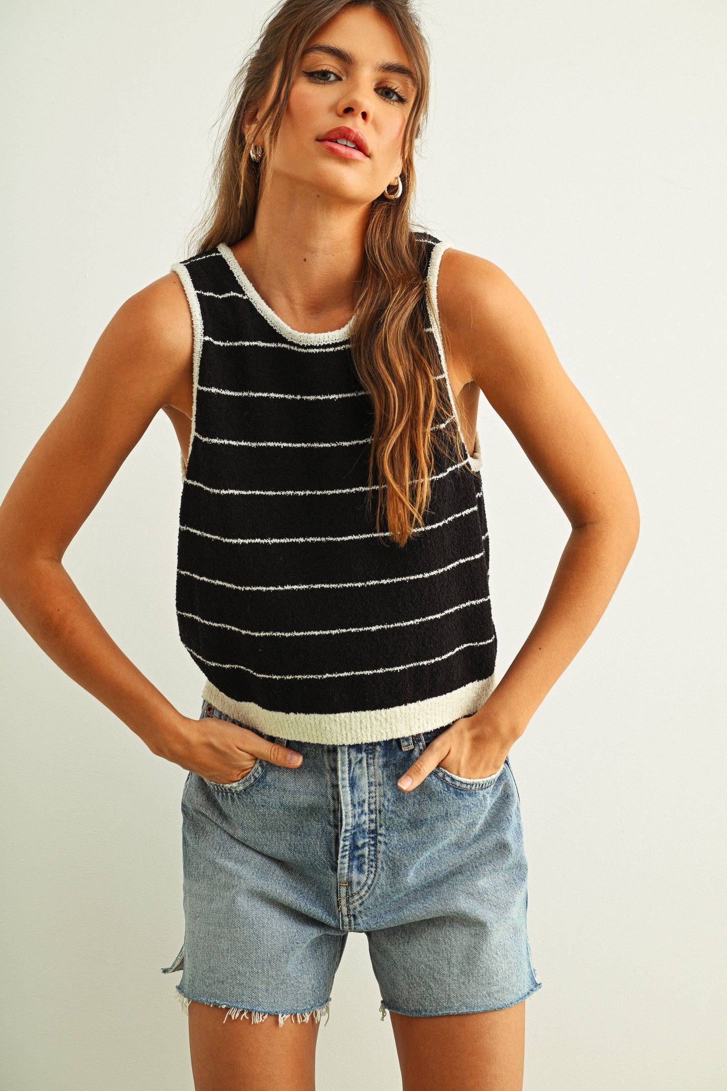PINSTRIPED KNITTED TANK: BLACK