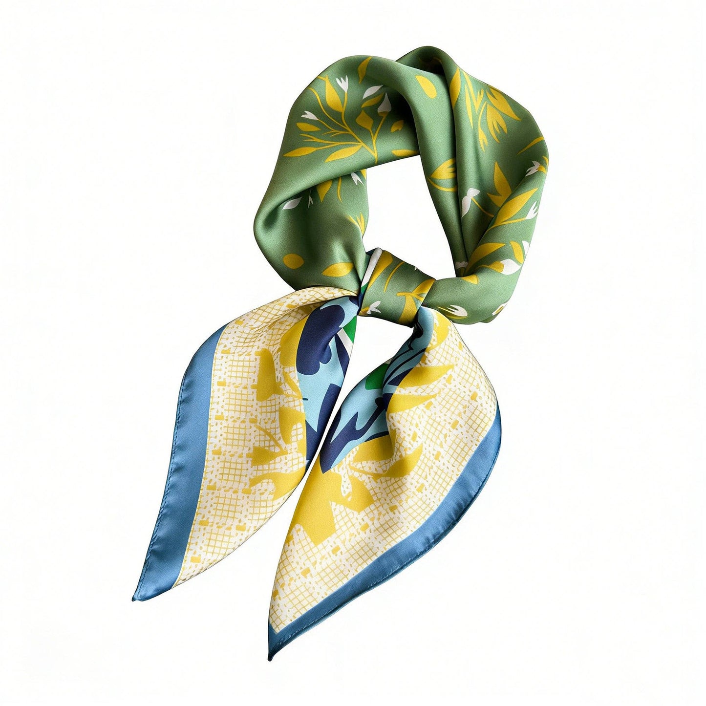 Satin Square Scarf with Botanical Print: Green