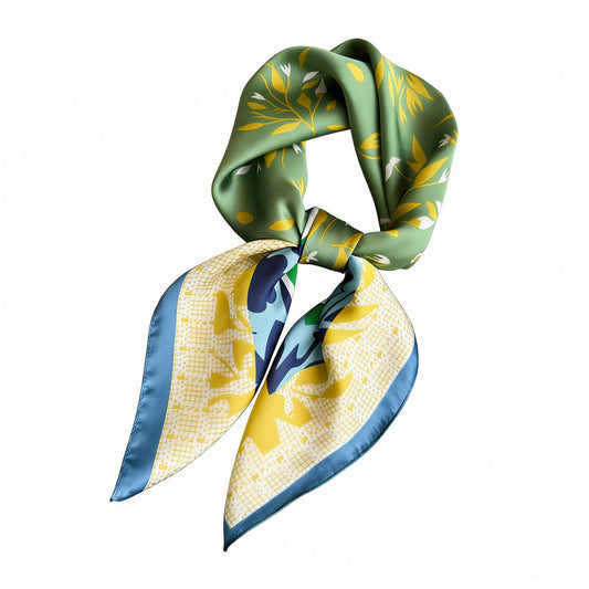 Satin Square Scarf with Botanical Print: Green