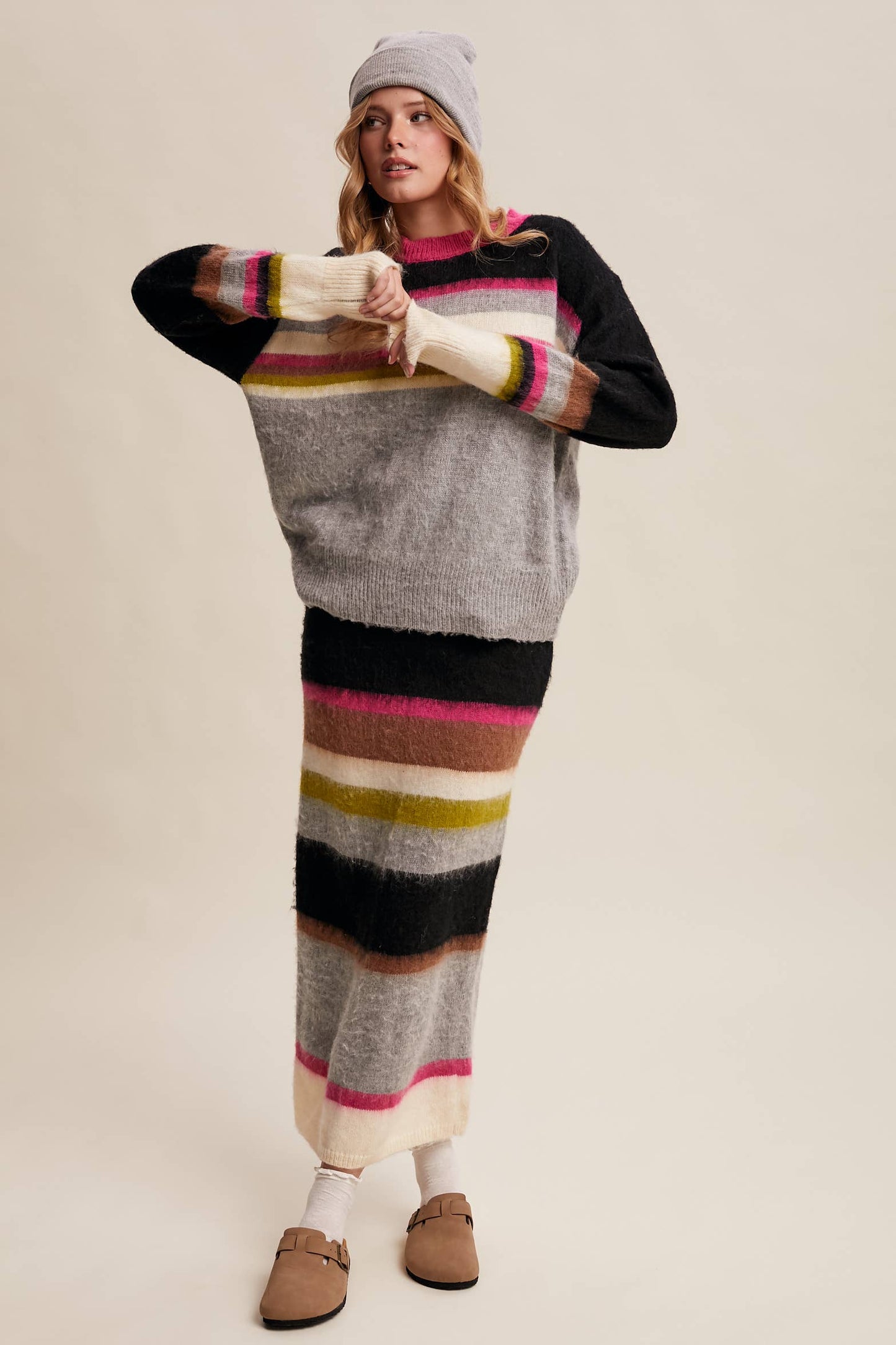 Striped Fuzzy Knit Sweater & Skirt: Light Pink Multi