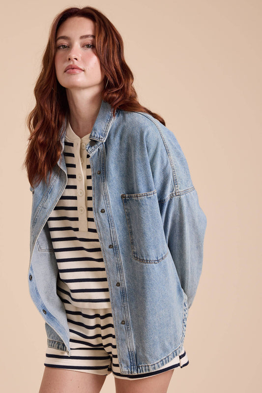 WASHED SNAP BUTTON DENIM SHACKET: DENIM