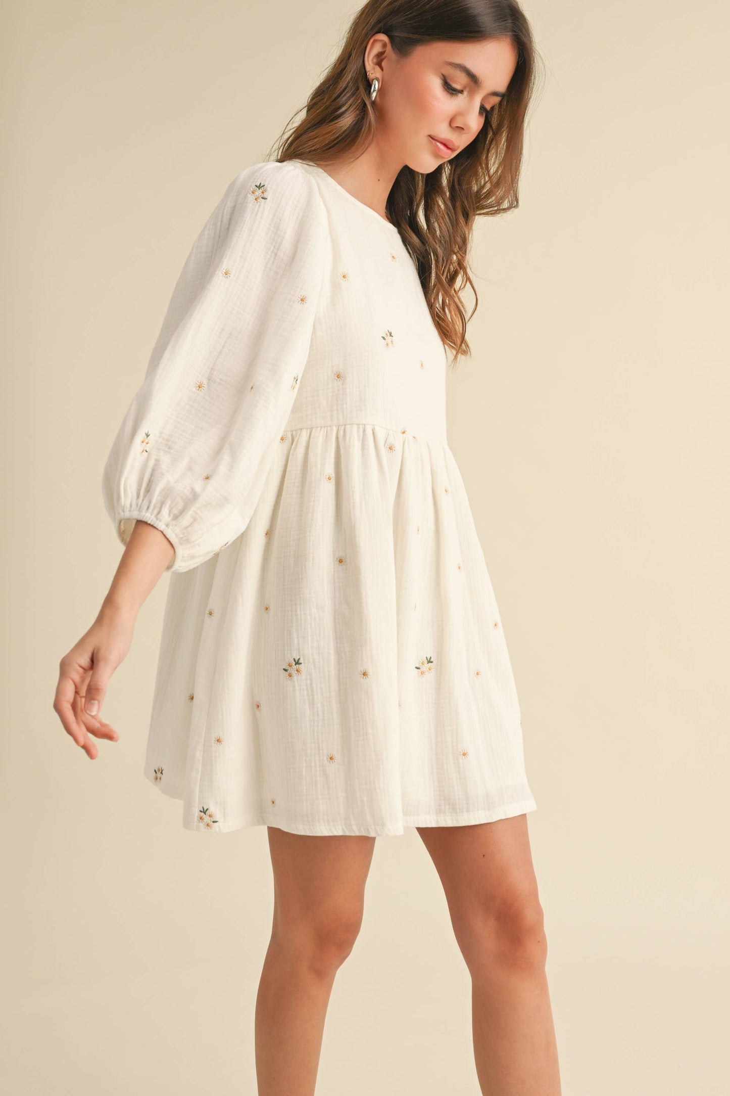 FLORAL GAUZE PUFF SLEEVE BABYDOLL MINI DREES