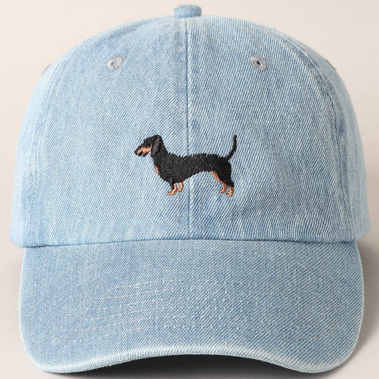 Dachshund Dog Embroidered Denim Baseball Cap: Light Denim