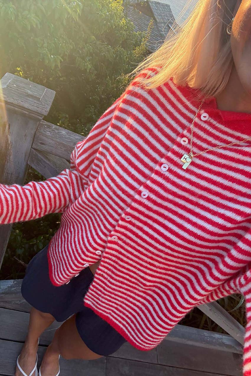 Striped Knit Cardigan: Red