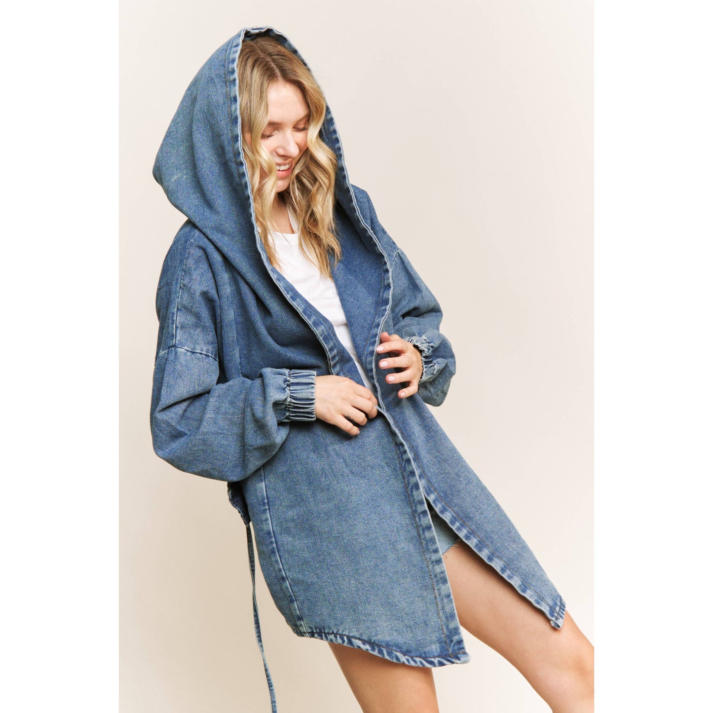 VINTAGE DENIM WASHED HOODED COAT SHACKET: Medium Denim