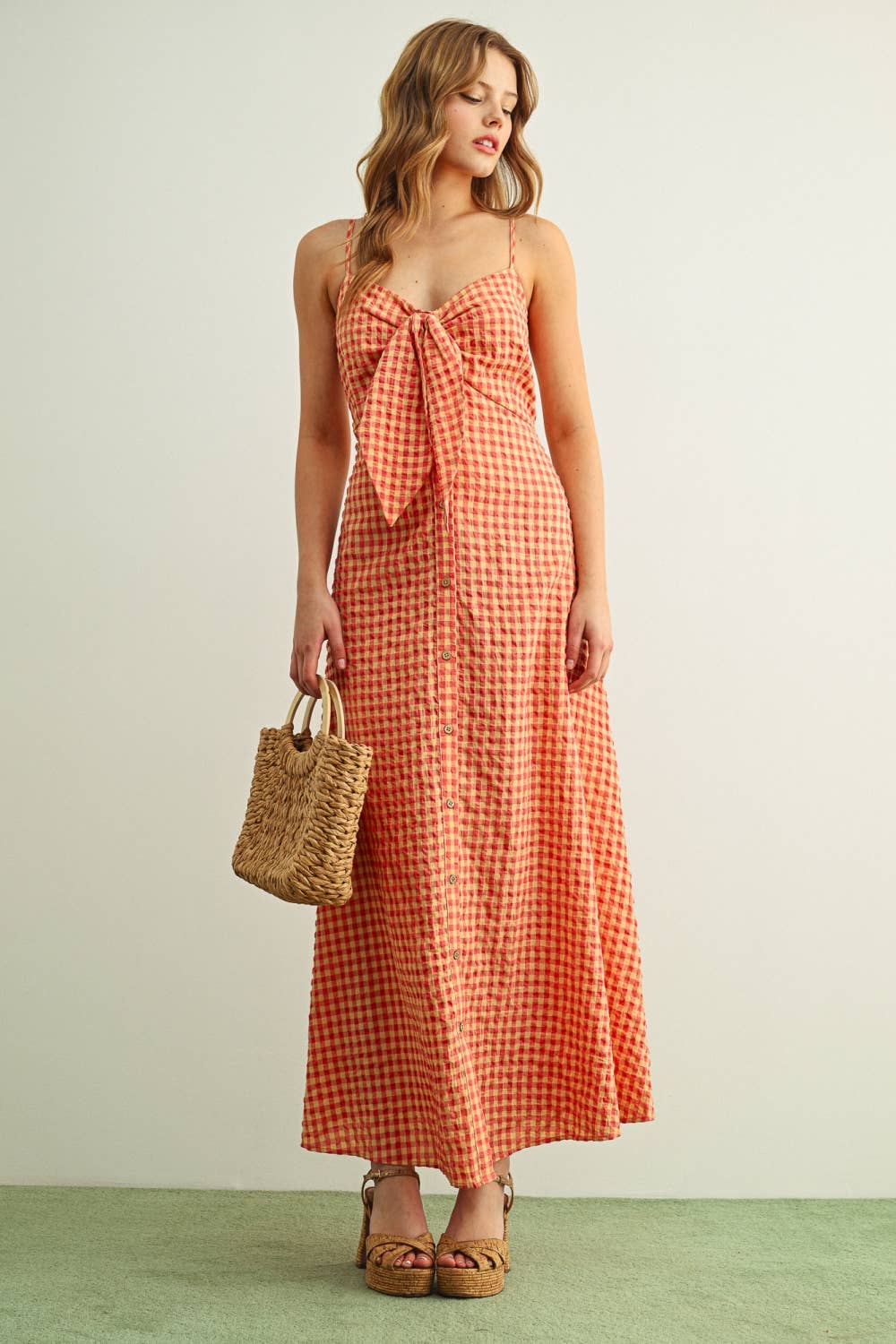 GINGHAM PATTERNED LONG DRESS: ROSE