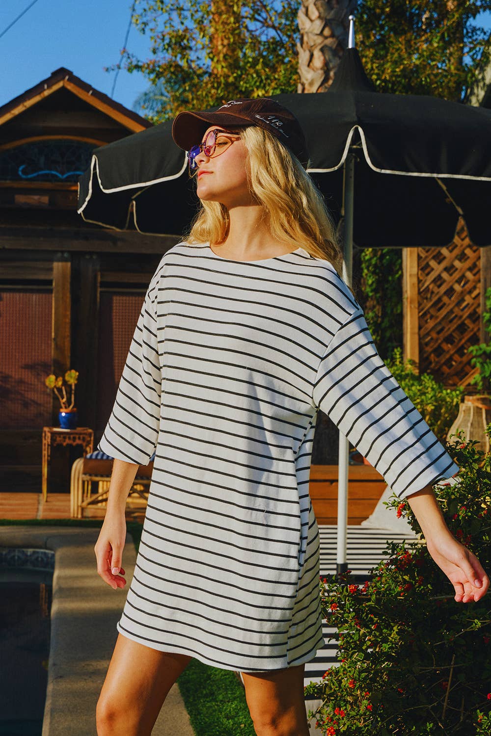 Boat Neck Oversized Striped Mini T-shirt Dress: Ivory/Black