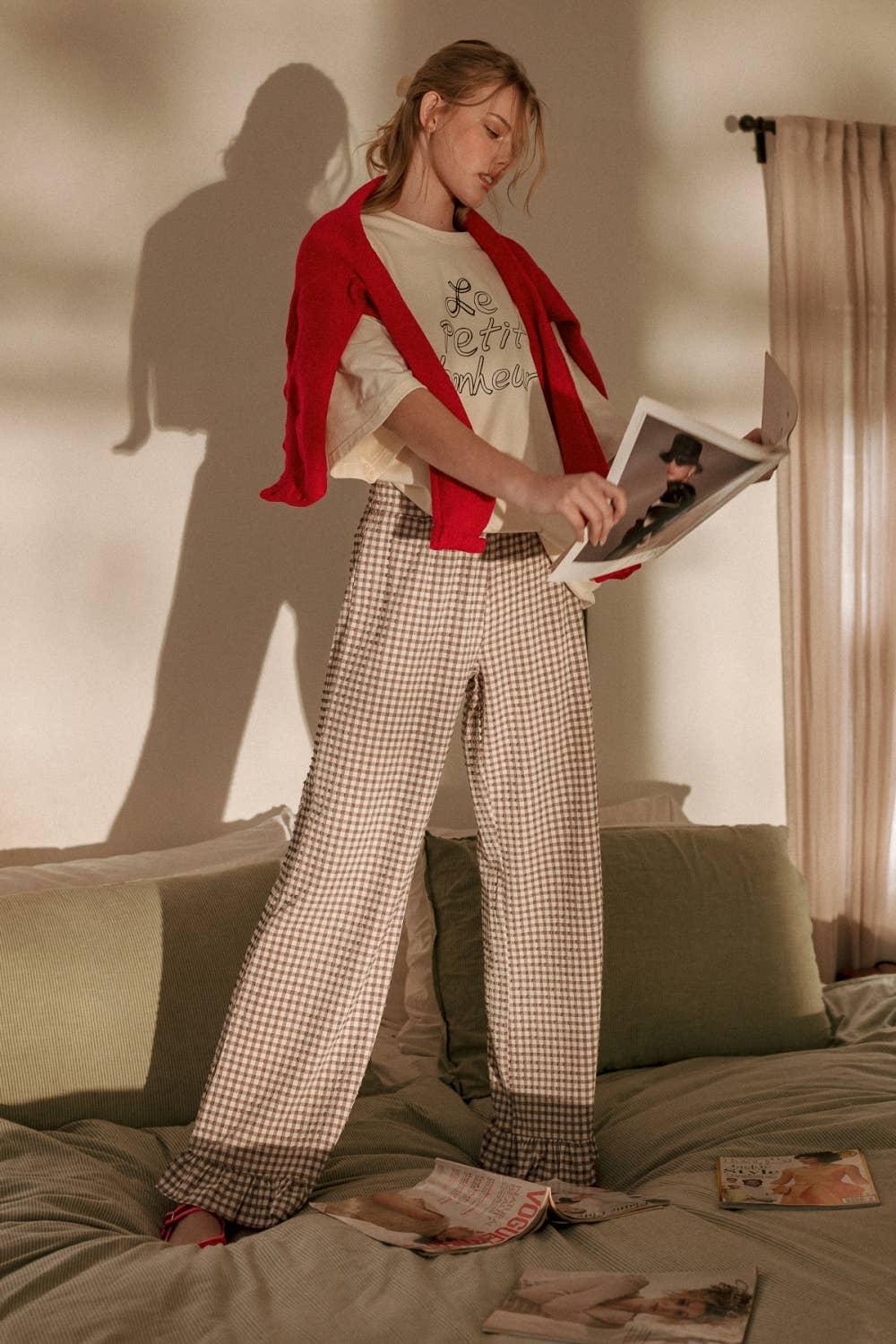 Crinkled Gingham Printed Pants W/ Ruffle Hem: Brown