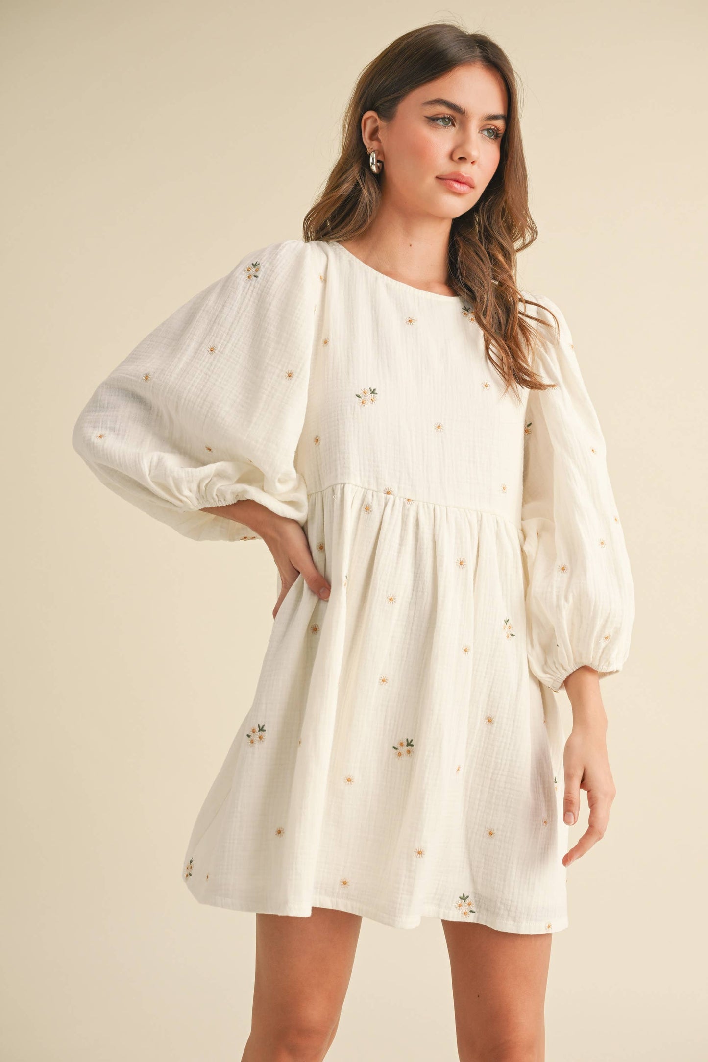 FLORAL GAUZE PUFF SLEEVE BABYDOLL MINI DREES