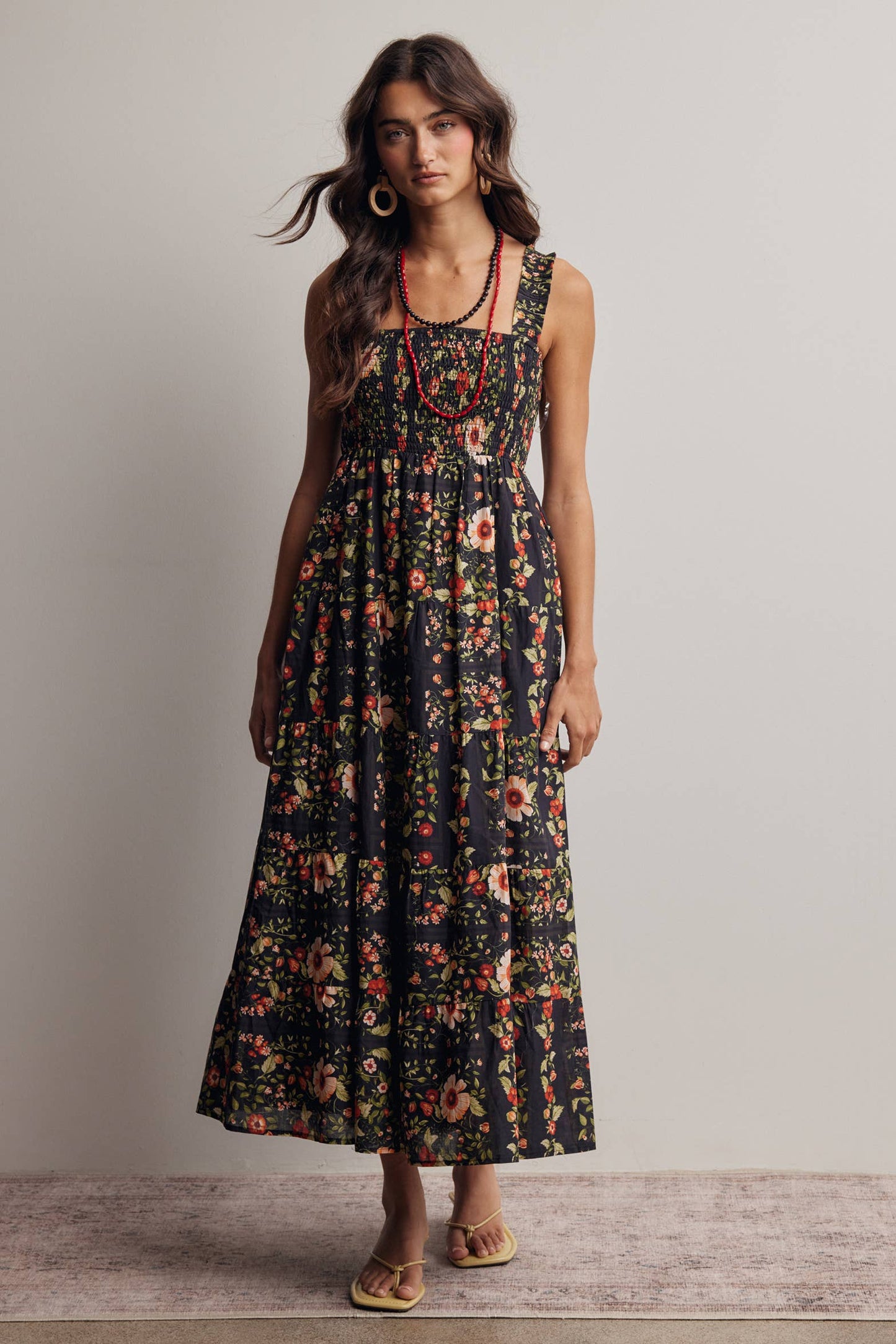 Floral Smocked Tiered Midi Dress: Black