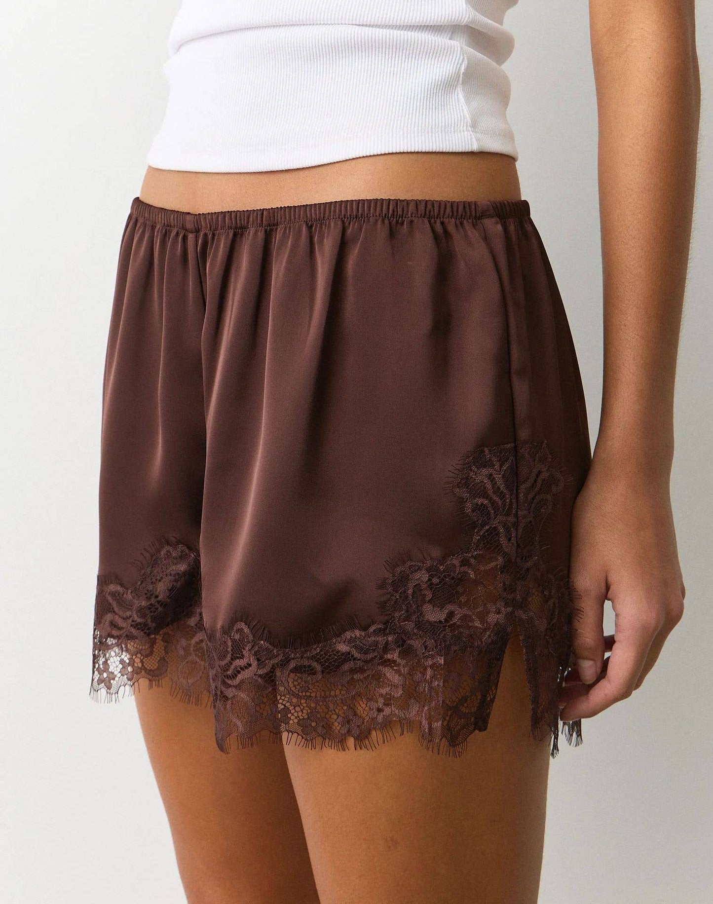 Silky Satin Lace Shorts: Coffee