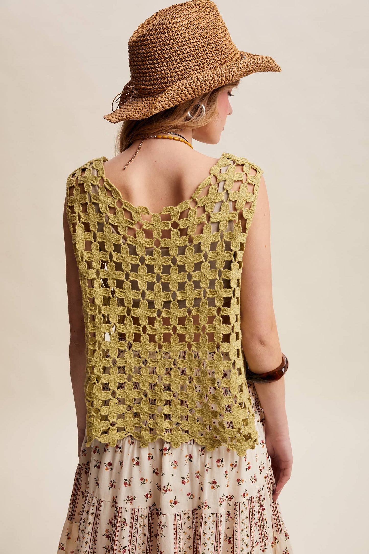 Flower Crochet Sleeveless Tank: Light Green