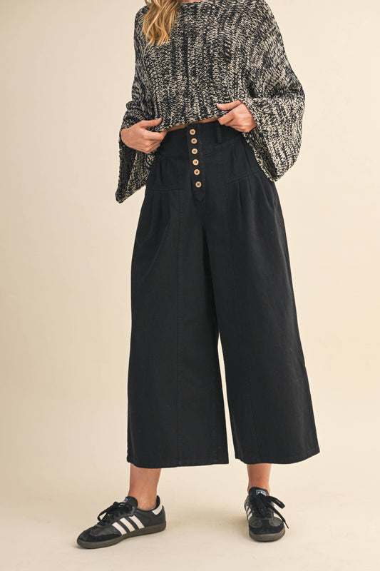 COTTON TWILL HIGH WAIST CROPPED WIDE LEG PANTS: Black