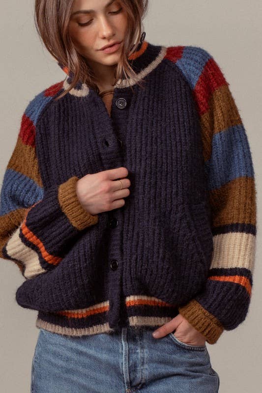 Chunky Rib-Knit Faux Fur Lined Cardigan: NAVY