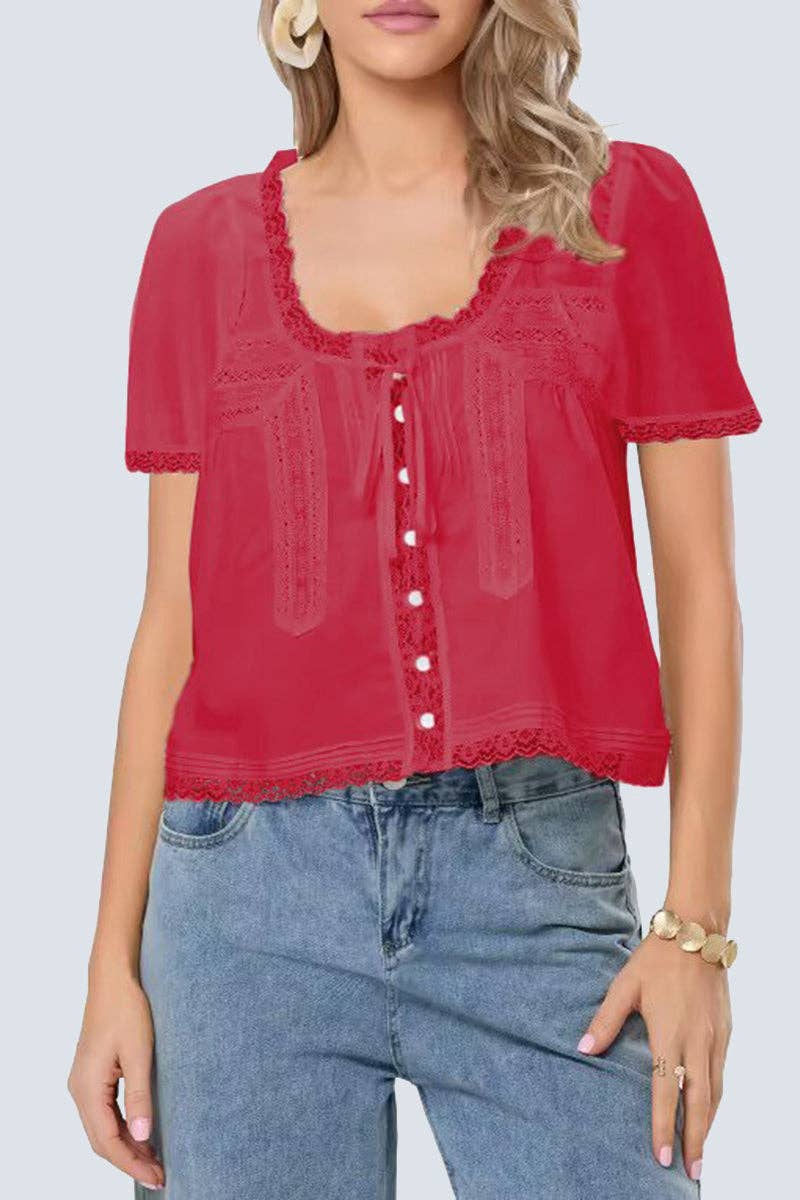Lace-Trim Button-Down: RED