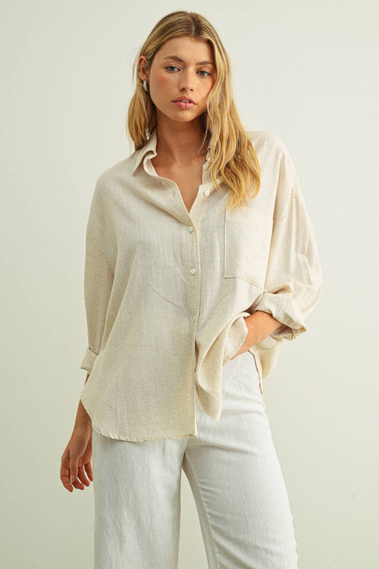BUTTON FRONT LONG SLEEVE SHIRTS: OATMEAL