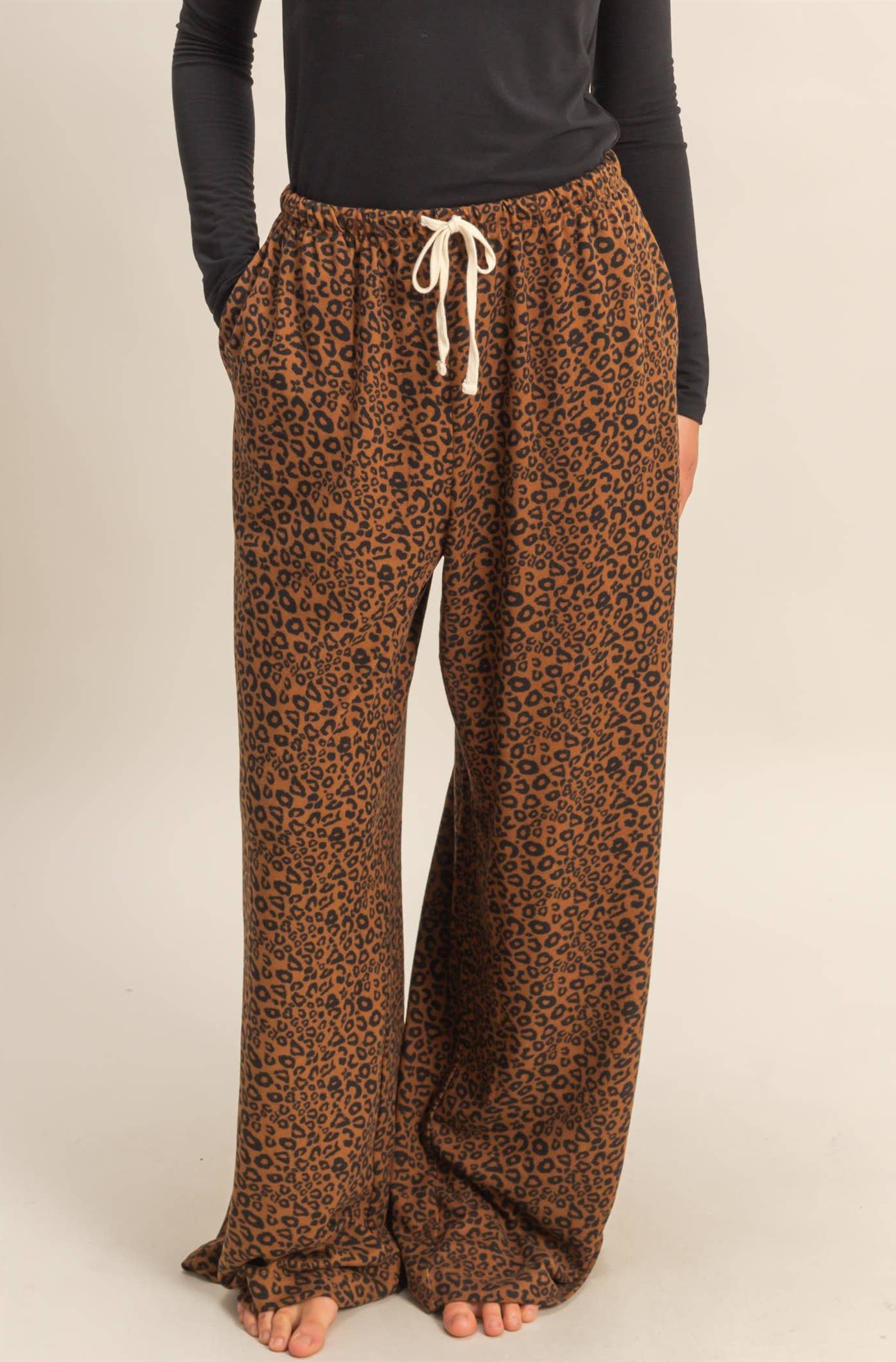 Leopard Print Wide-Leg Drawstring Comfort Pants: BROWN