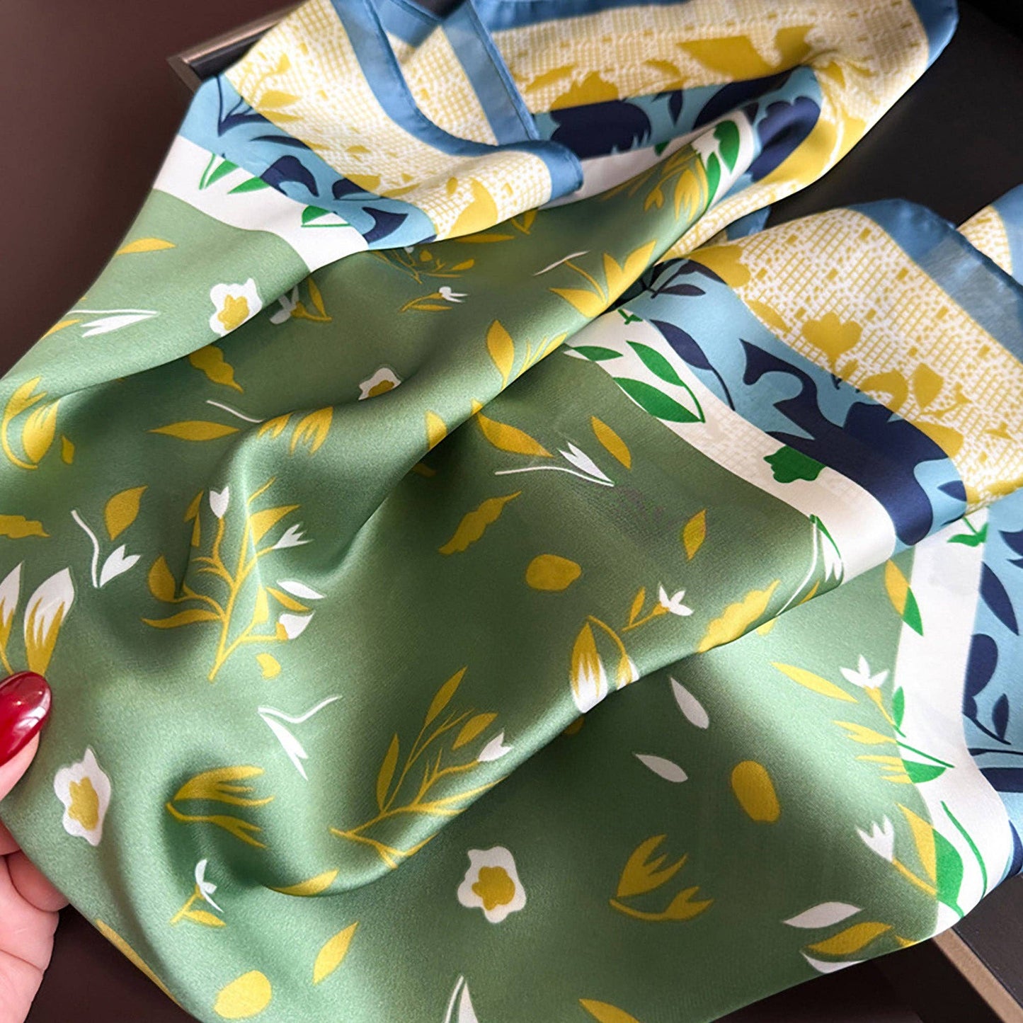 Satin Square Scarf with Botanical Print: Green