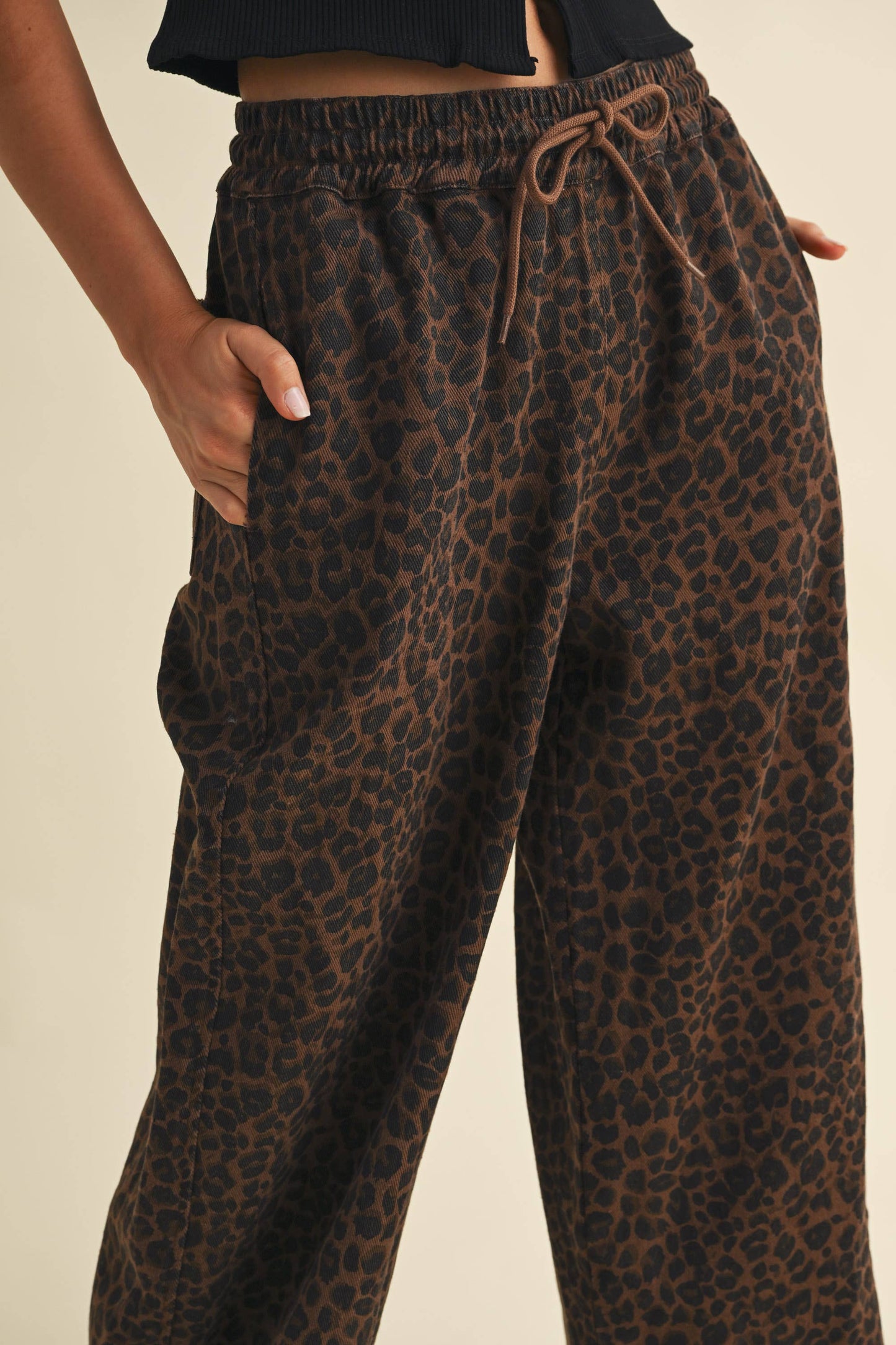 LEOPARD PRINT WIDE DENIM TRACK PANTS
