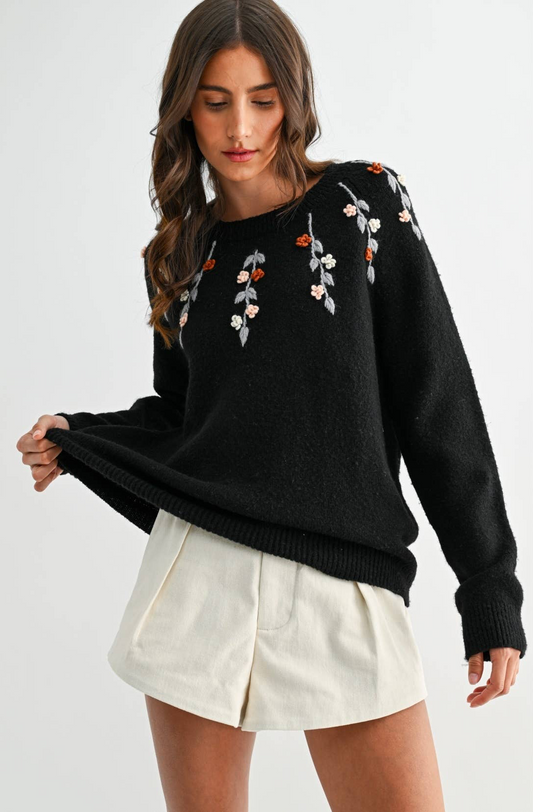 BLACK EMBROIDERED FLORAL SWEATER: BLACK