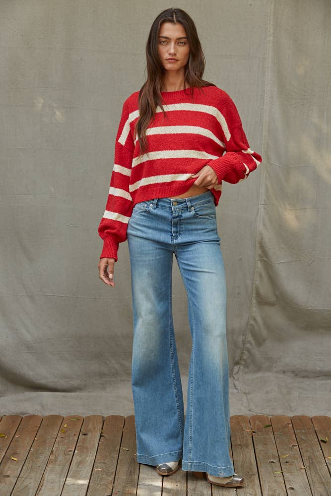 Knit Sweater Striped Crewneck Long Sleeve Top: Red Cream