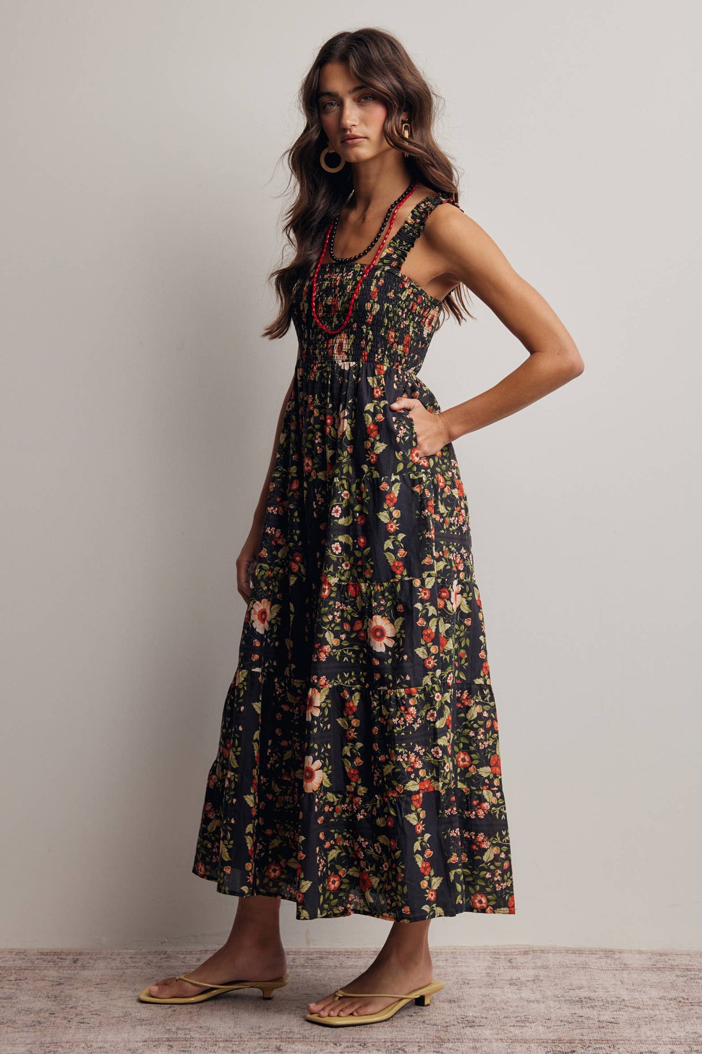 Floral Smocked Tiered Midi Dress: Black