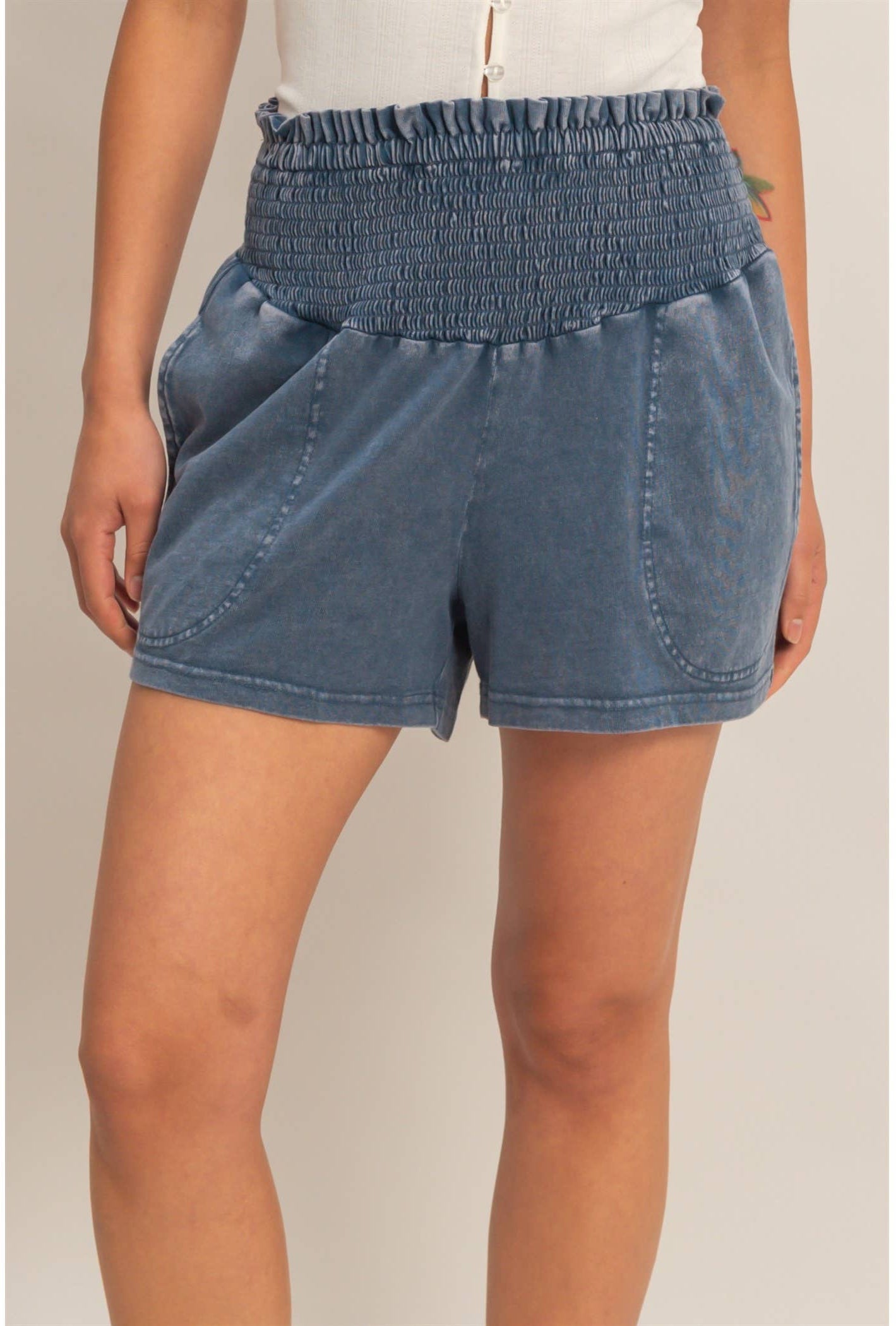 Smocked Waist Mineral Wash Shorts: NAVY